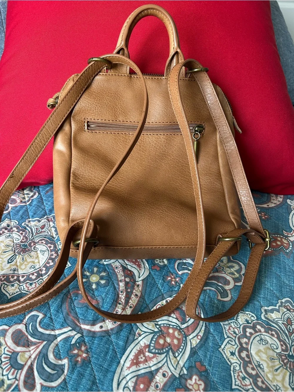 The Sak Tan Embossed Leather Backpack with Whipstitch Detail